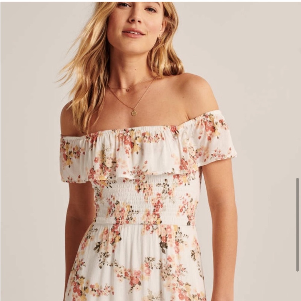 Abercrombie & Fitch Off-Shoulder Smocked Dress in White/Yellow Flowery Print